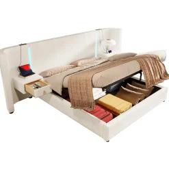 Okwish Lit Coffre 180x200 cm - Lit Adulte avec LED et 2 Tiroirs - Velours + MDF - Sans Matelas - Beige Outlet