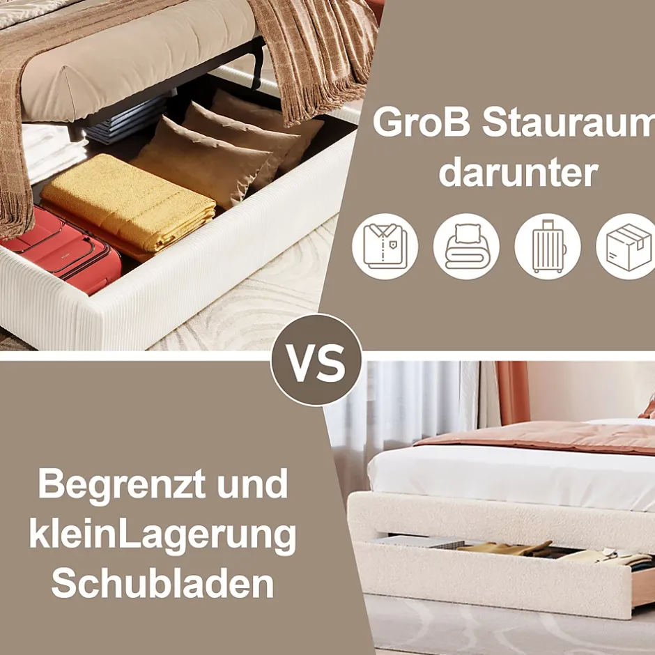 Okwish Lit Coffre 180x200 cm - Lit Adulte avec LED et 2 Tiroirs - Velours + MDF - Sans Matelas - Beige Outlet