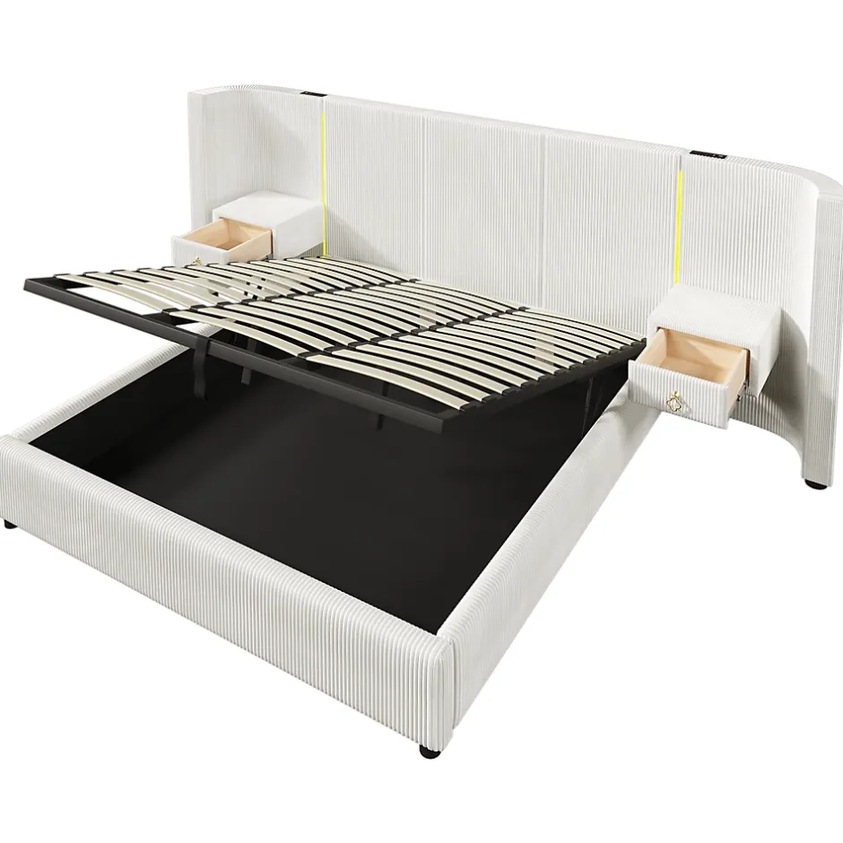 Okwish Lit Coffre 180x200 cm - Lit Adulte avec LED et 2 Tiroirs - Velours + MDF - Sans Matelas - Beige Outlet