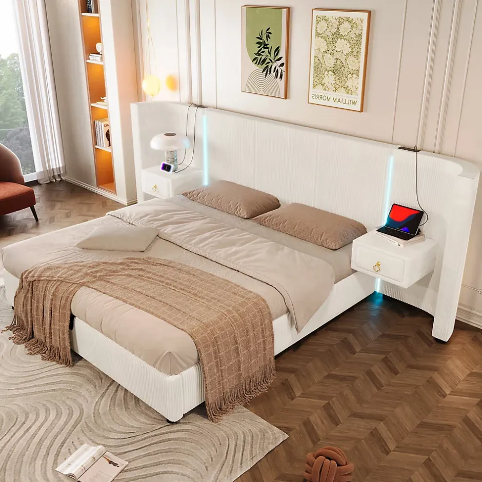 Okwish Lit Coffre 180x200 cm - Lit Adulte avec LED et 2 Tiroirs - Velours + MDF - Sans Matelas - Beige Outlet