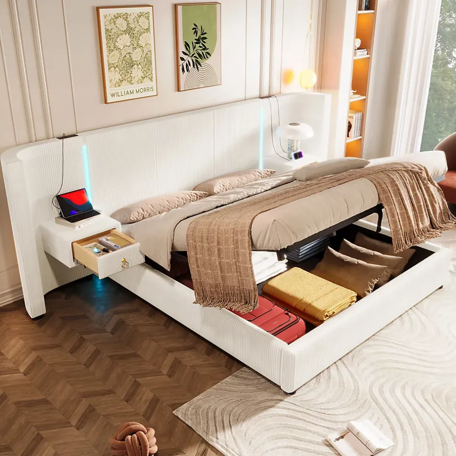 Okwish Lit Coffre 180x200 cm - Lit Adulte avec LED et 2 Tiroirs - Velours + MDF - Sans Matelas - Beige Outlet
