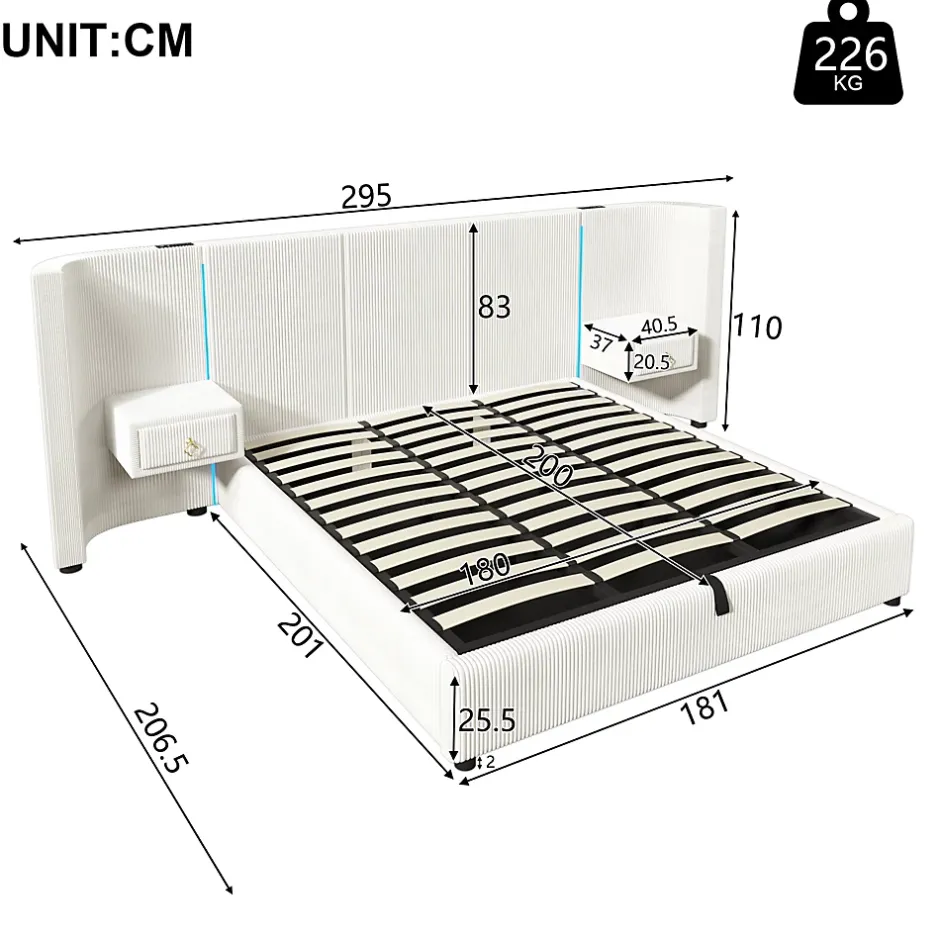 Okwish Lit Coffre 180x200 cm - Lit Adulte avec LED et 2 Tiroirs - Velours + MDF - Sans Matelas - Beige Outlet