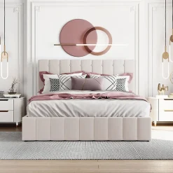 Okwish Lit Coffre 140x200 cm - Lit avec Rangement Intégré et Mécanisme Hydraulique, en Velours Blanc, Sans Matelas