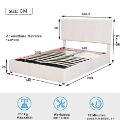 Okwish Lit Coffre 140x200 cm - Lit avec Rangement Intégré et Mécanisme Hydraulique, en Velours Blanc, Sans Matelas