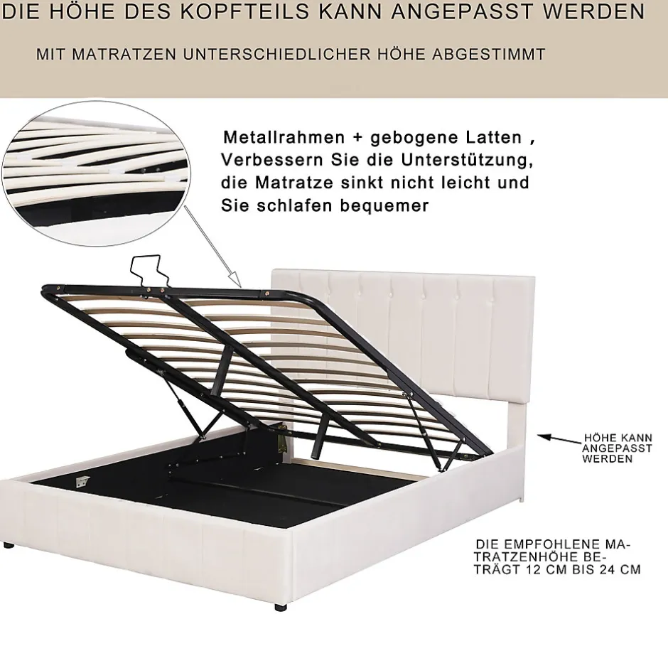 Okwish Lit Coffre 140x200 cm - Lit avec Rangement Intégré et Mécanisme Hydraulique, en Velours Blanc, Sans Matelas