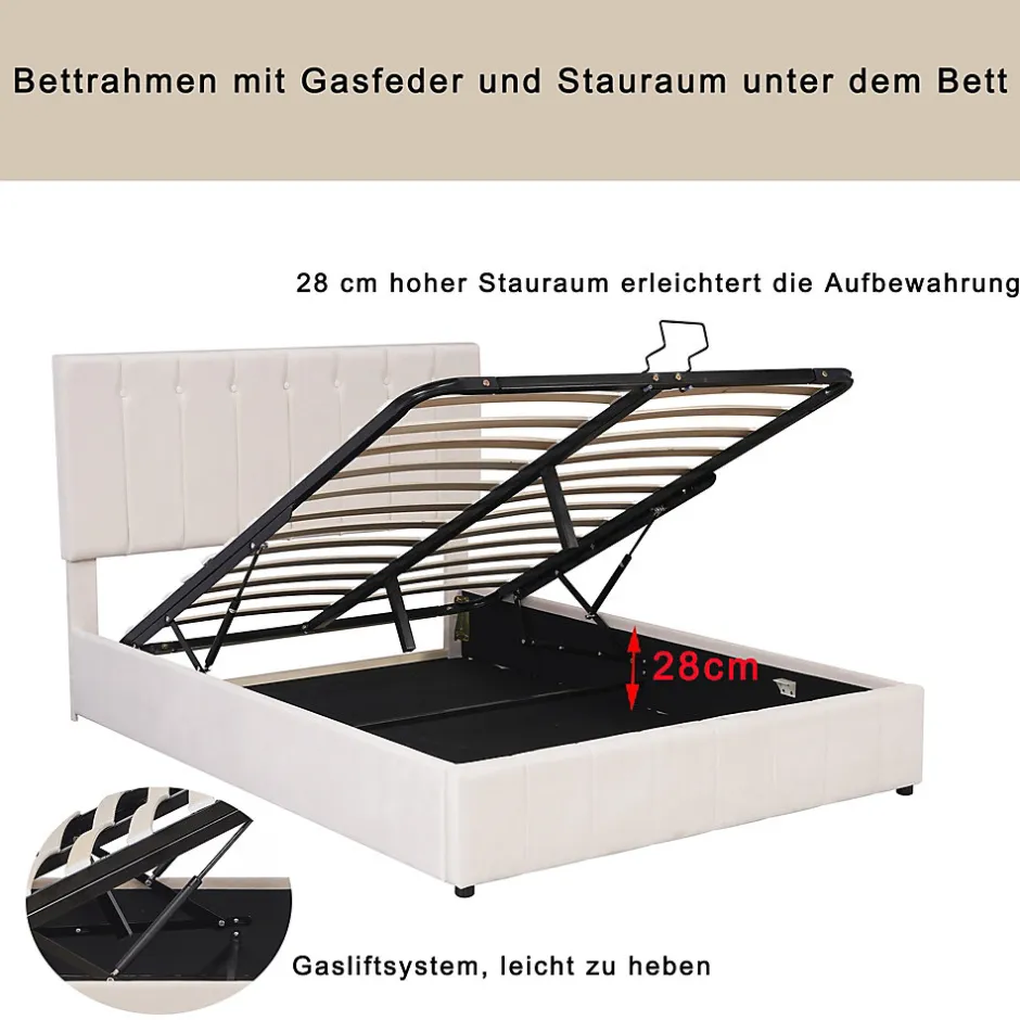 Okwish Lit Coffre 140x200 cm - Lit avec Rangement Intégré et Mécanisme Hydraulique, en Velours Blanc, Sans Matelas