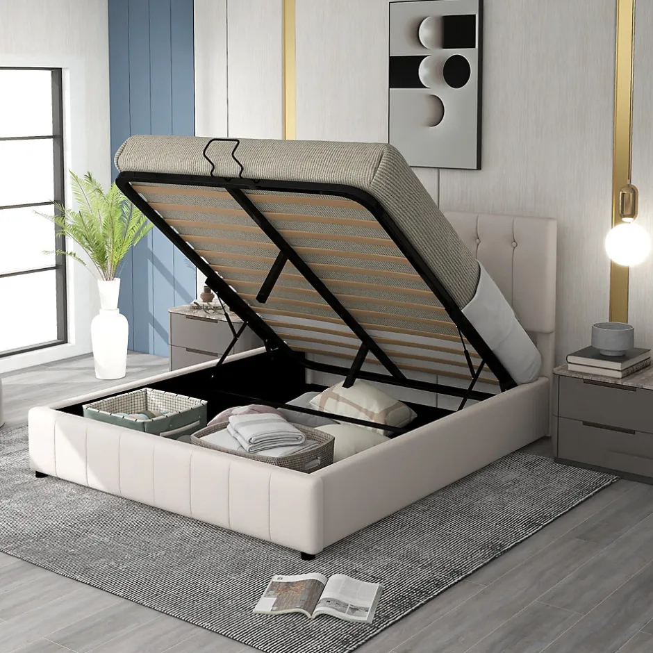 Okwish Lit Coffre 140x200 cm - Lit avec Rangement Intégré et Mécanisme Hydraulique, en Velours Blanc, Sans Matelas
