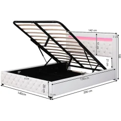 Okwish Lit Coffre 140x190 cm - Lit Capitonné avec Rangement et LED, Sommier à Lattes Inclus, Simili Cuir - sans Matelas - Blanc