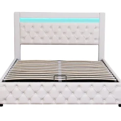 Okwish Lit Coffre 140x190 cm - Lit Capitonné avec Rangement et LED, Sommier à Lattes Inclus, Simili Cuir - sans Matelas - Blanc