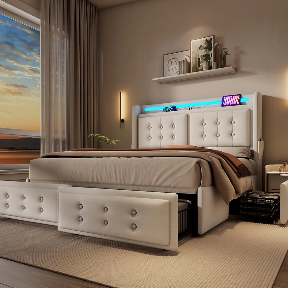 Okwish Lit coffre 160x200 cm - Lit capitonné double avec 4 tiroirs et USB-C - Coton - Sans Matelas - Beige
