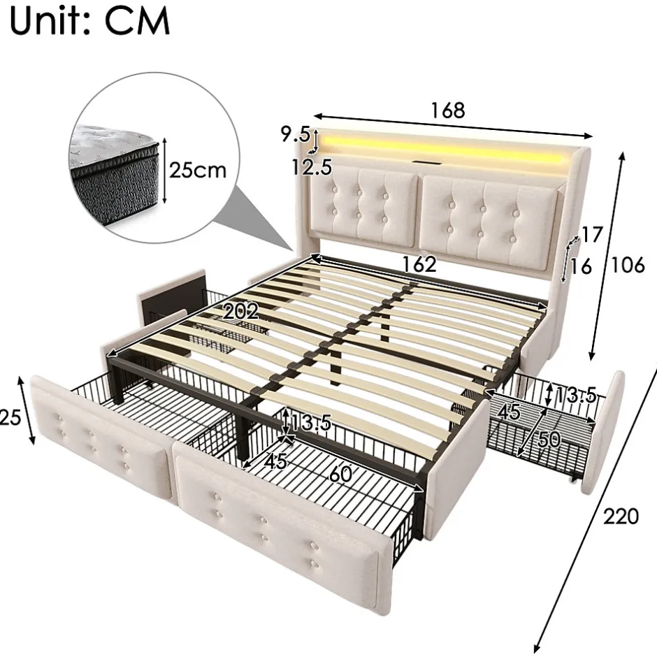 Okwish Lit coffre 160x200 cm - Lit capitonné double avec 4 tiroirs et USB-C - Coton - Sans Matelas - Beige