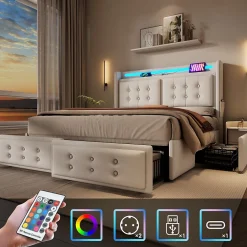 Okwish Lit coffre 160x200 cm - Lit capitonné double avec 4 tiroirs et USB-C - Coton - Sans Matelas - Beige