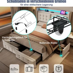 Okwish Lit coffre 160x200 cm - Lit capitonné double avec 4 tiroirs et USB-C - Coton - Sans Matelas - Beige