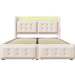 Okwish Lit coffre 160x200 cm - Lit capitonné double avec 4 tiroirs et USB-C - Coton - Sans Matelas - Beige