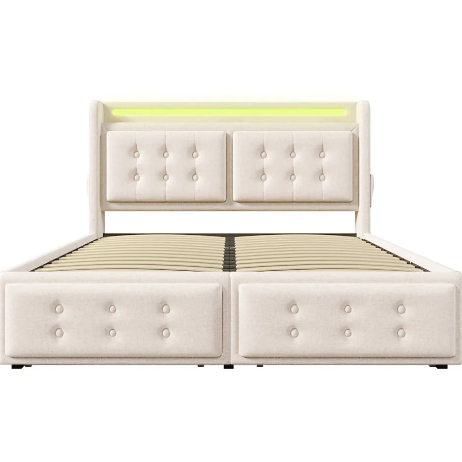 Okwish Lit coffre 160x200 cm - Lit capitonné double avec 4 tiroirs et USB-C - Coton - Sans Matelas - Beige