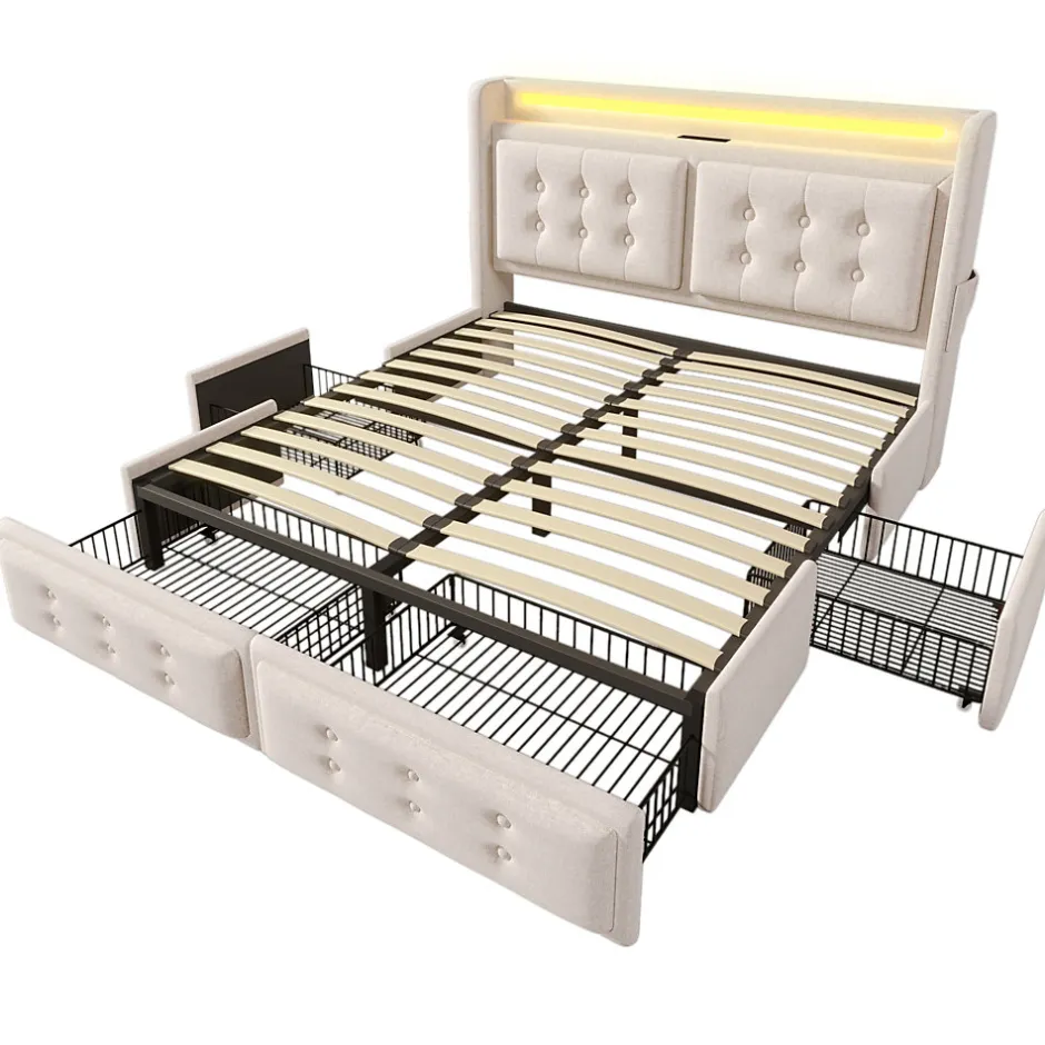 Okwish Lit coffre 160x200 cm - Lit capitonné double avec 4 tiroirs et USB-C - Coton - Sans Matelas - Beige