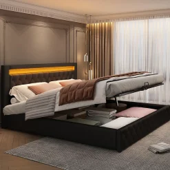 Okwish Lit Coffre 140x190 cm - Lit Capitonné avec Rangement et LED, Sommier à Lattes Inclus, Simili Cuir - sans Matelas - Noir Best