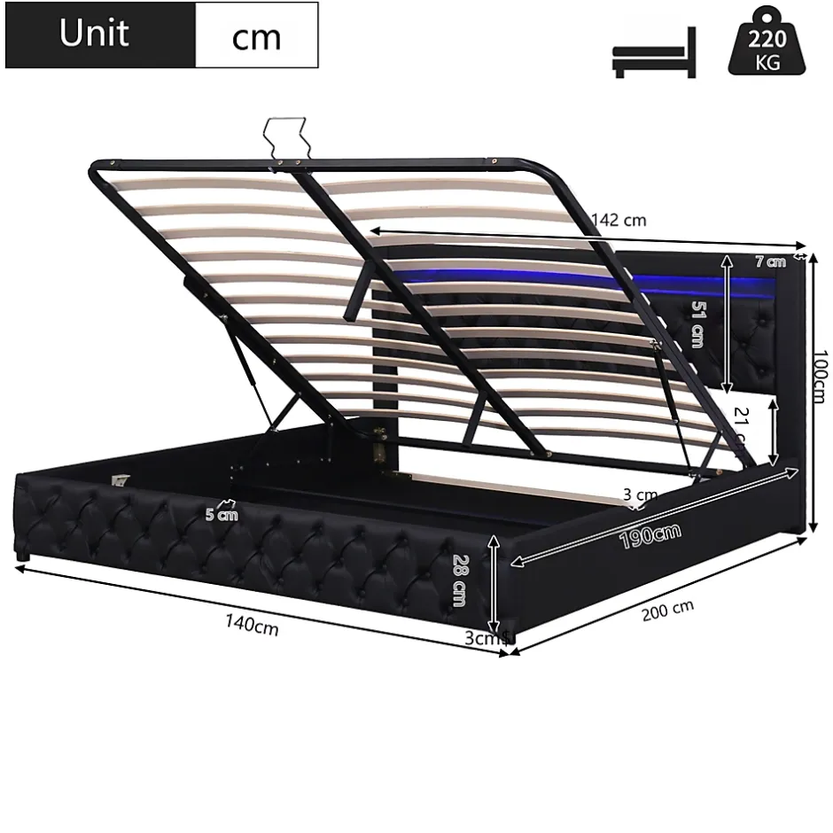 Okwish Lit Coffre 140x190 cm - Lit Capitonné avec Rangement et LED, Sommier à Lattes Inclus, Simili Cuir - sans Matelas - Noir Best