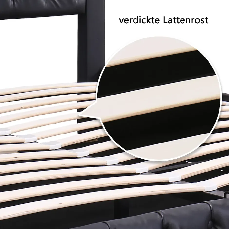 Okwish Lit Coffre 140x190 cm - Lit Capitonné avec Rangement et LED, Sommier à Lattes Inclus, Simili Cuir - sans Matelas - Noir Best