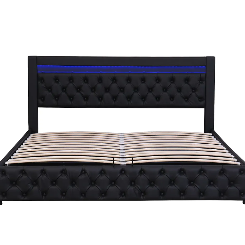 Okwish Lit Coffre 140x190 cm - Lit Capitonné avec Rangement et LED, Sommier à Lattes Inclus, Simili Cuir - sans Matelas - Noir Best