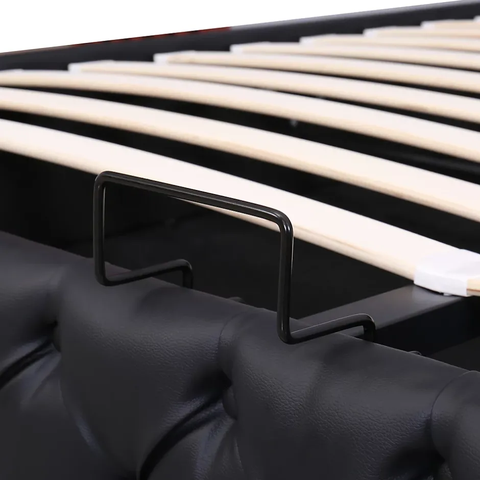 Okwish Lit Coffre 140x190 cm - Lit Capitonné avec Rangement et LED, Sommier à Lattes Inclus, Simili Cuir - sans Matelas - Noir Best