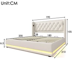 Okwish Lit coffre 180x200 cm - Lit coffre hydraulique avec USB Type-C et LED - PU - Sans Matelas - Blanc Outlet