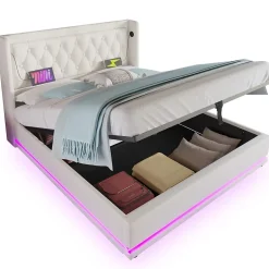 Okwish Lit coffre 180x200 cm - Lit coffre hydraulique avec USB Type-C et LED - PU - Sans Matelas - Blanc Outlet