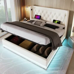Okwish Lit coffre 180x200 cm - Lit coffre hydraulique avec USB Type-C et LED - PU - Sans Matelas - Blanc Outlet
