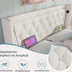 Okwish Lit coffre 180x200 cm - Lit coffre hydraulique avec USB Type-C et LED - PU - Sans Matelas - Blanc Outlet