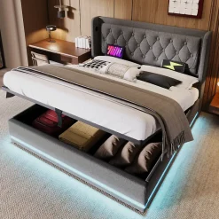 Okwish Lit coffre 160x200 cm - Lit coffre hydraulique avec USB Type-C - Coton - Sans Matelas - Gris Sale