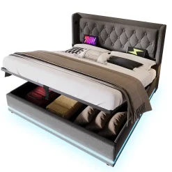Okwish Lit coffre 160x200 cm - Lit coffre hydraulique avec USB Type-C - Coton - Sans Matelas - Gris Sale
