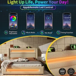 Okwish Lit coffre 140x200 cm - Lit coffre double avec Rangement Hydraulique, Éclairage LED et USB Type-C, Velours Beige, Matelas Inclus Outlet