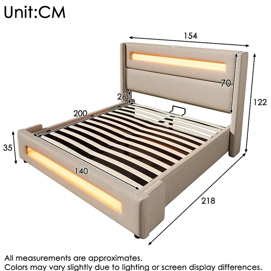 Okwish Lit coffre 140x200 cm - Lit coffre double avec Rangement Hydraulique, Éclairage LED et USB Type-C, Velours Beige, Matelas Inclus Outlet