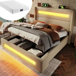 Okwish Lit coffre 140x200 cm - Lit coffre double avec Rangement Hydraulique, Éclairage LED et USB Type-C, Velours Beige, Matelas Inclus Outlet