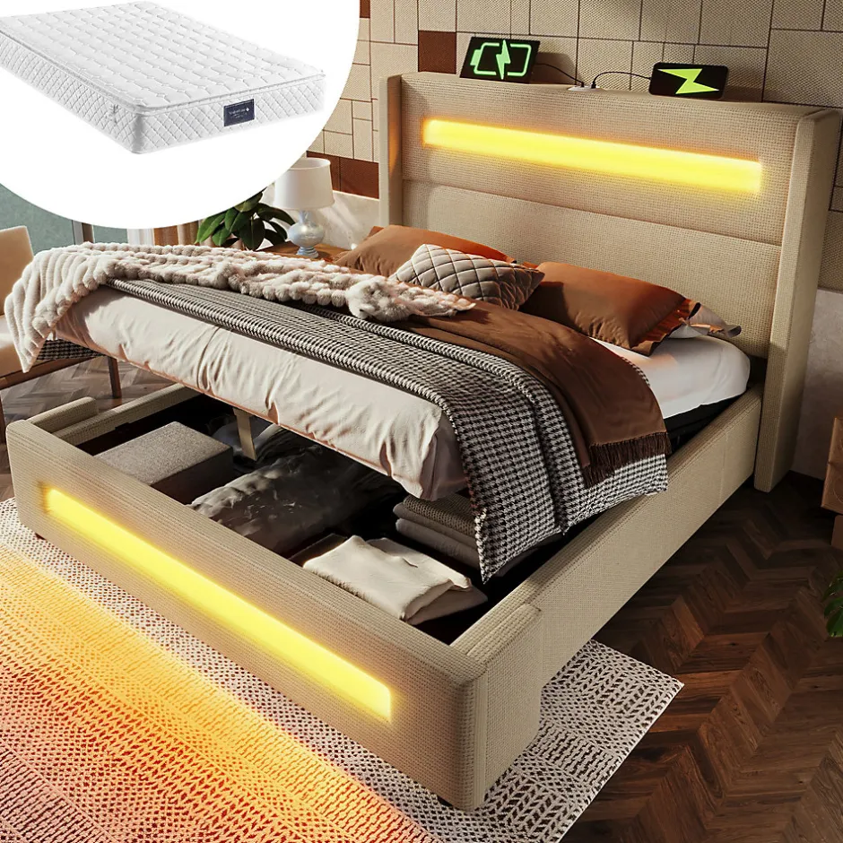 Okwish Lit coffre 140x200 cm - Lit coffre double avec Rangement Hydraulique, Éclairage LED et USB Type-C, Velours Beige, Matelas Inclus Outlet