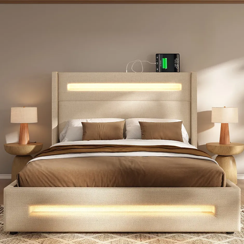 Okwish Lit coffre 140x200 cm - Lit coffre double avec Rangement Hydraulique, Éclairage LED et USB Type-C, Velours Beige, Matelas Inclus Outlet