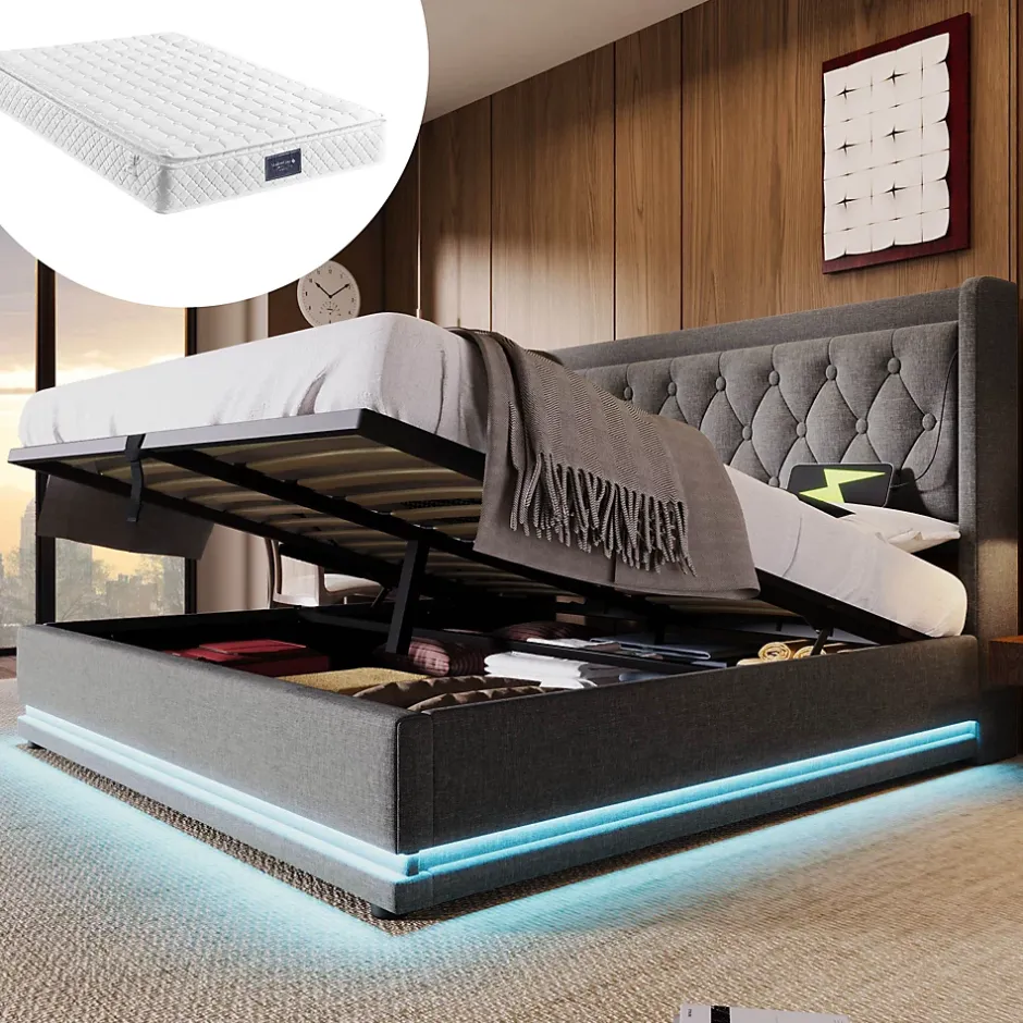 Okwish Lit coffre 160x200 cm - Lit coffre hydraulique avec USB Type-C et LED - Coton - avec Matelas - Gris New