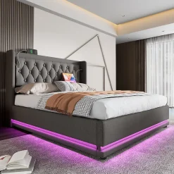 Okwish Lit coffre 160x200 cm - Lit coffre hydraulique avec USB Type-C et LED - Coton - avec Matelas - Gris New