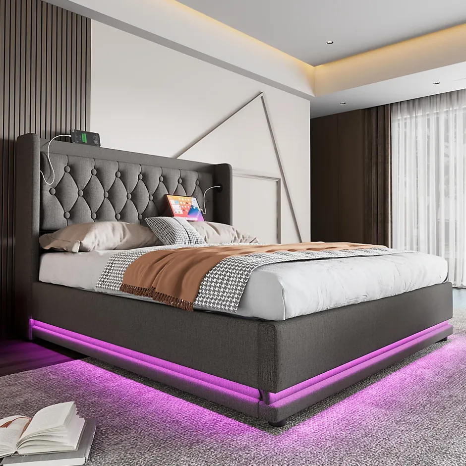 Okwish Lit coffre 160x200 cm - Lit coffre hydraulique avec USB Type-C et LED - Coton - avec Matelas - Gris New