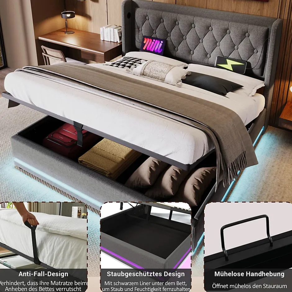 Okwish Lit coffre 160x200 cm - Lit coffre hydraulique avec USB Type-C et LED - Coton - avec Matelas - Gris New