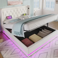 Okwish Lit coffre 160x200 cm - Lit coffre hydraulique avec USB Type-C et LED - PU - Sans Matelas - Blanc