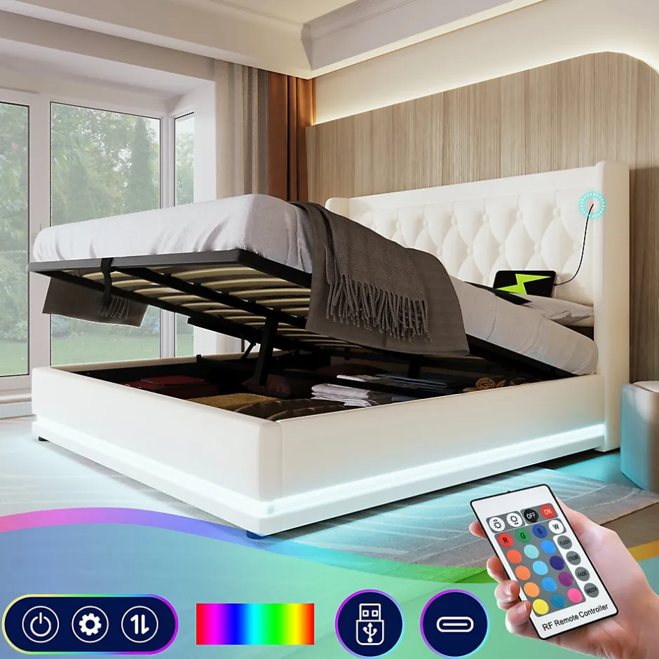 Okwish Lit coffre 160x200 cm - Lit coffre hydraulique avec USB Type-C et LED - PU - Sans Matelas - Blanc