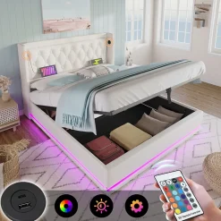 Okwish Lit coffre 160x200 cm - Lit coffre hydraulique avec USB Type-C et LED - PU - Sans Matelas - Blanc