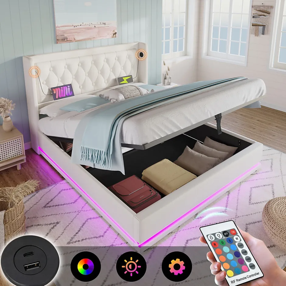 Okwish Lit coffre 160x200 cm - Lit coffre hydraulique avec USB Type-C et LED - PU - Sans Matelas - Blanc