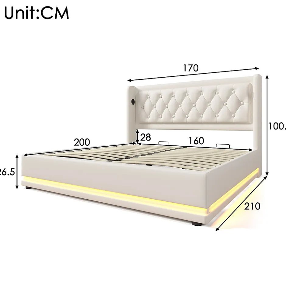 Okwish Lit coffre 160x200 cm - Lit coffre hydraulique avec USB Type-C et LED - PU - Sans Matelas - Blanc