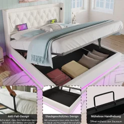 Okwish Lit coffre 160x200 cm - Lit coffre hydraulique avec USB Type-C et LED - PU - Sans Matelas - Blanc