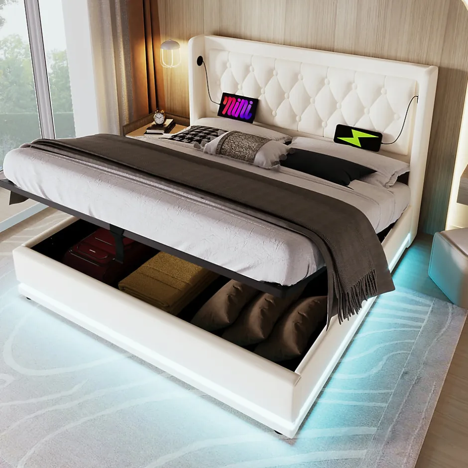 Okwish Lit coffre 160x200 cm - Lit coffre hydraulique avec USB Type-C et LED - PU - Sans Matelas - Blanc