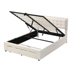 Generique Lit coffre 140x190 cm - Lit coffre hydraulique avec 2 tiroirs et sommier à lattes - Capitonné Velours - Sans Matelas - Beige Hot