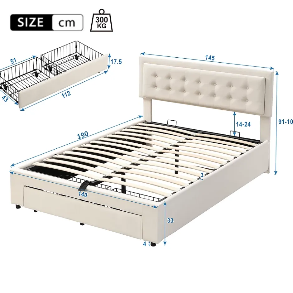 Generique Lit coffre 140x190 cm - Lit coffre hydraulique avec 2 tiroirs et sommier à lattes - Capitonné Velours - Sans Matelas - Beige Hot
