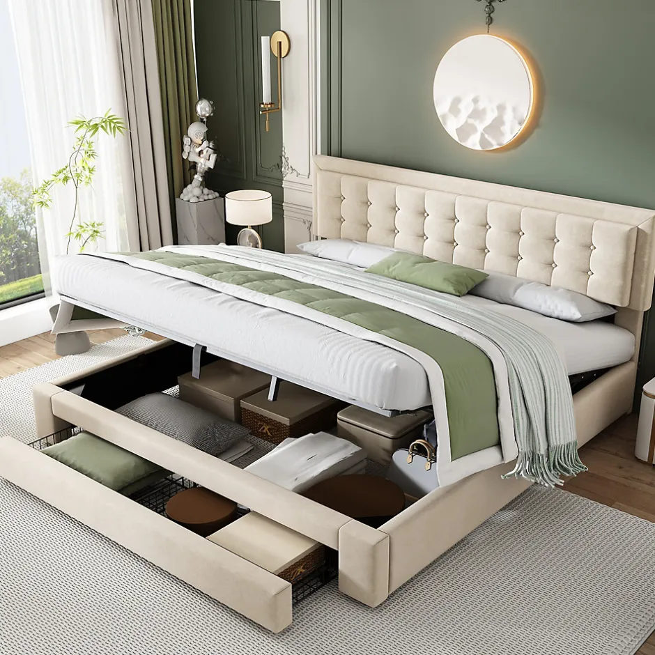 Generique Lit coffre 180x200 cm - Lit coffre hydraulique avec 2 tiroirs et sommier à lattes - Velours - Sans Matelas - Beige